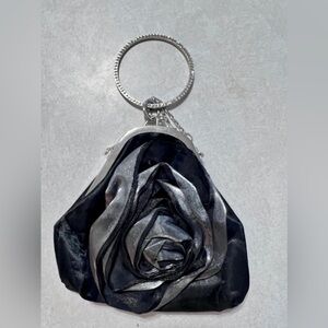 Black Gray Rosette Rhinestone Wristlet Silver Tone Purse formal